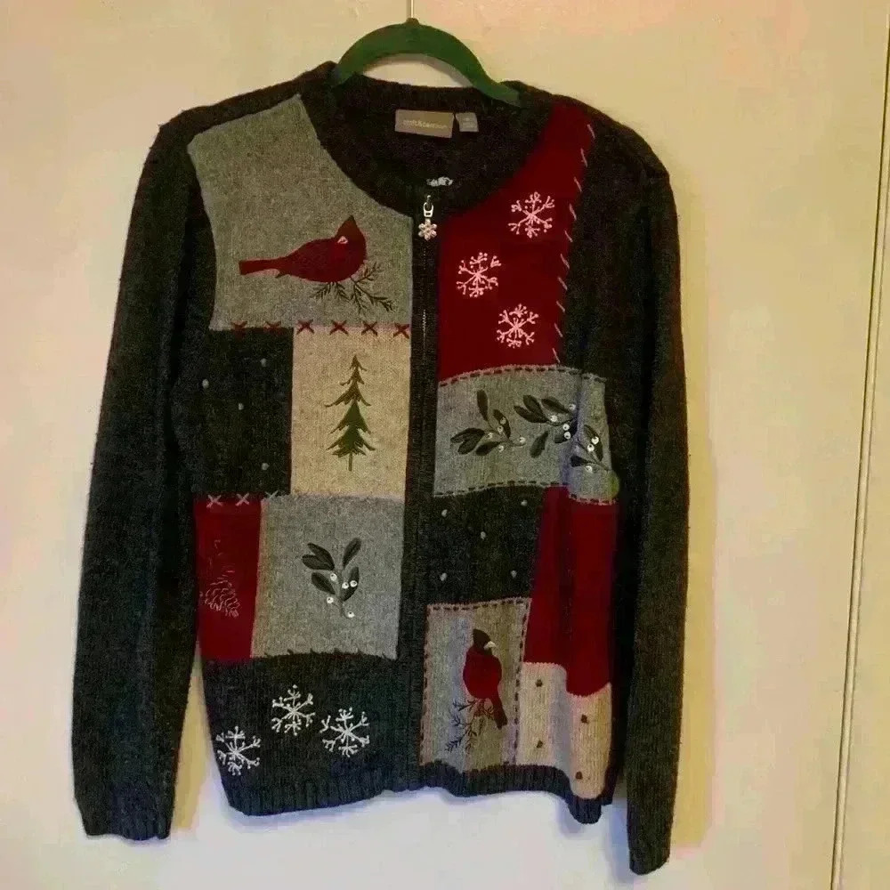 Croft & Barrow Zippered Embroidered Red & Gray Cardigan Size Medium